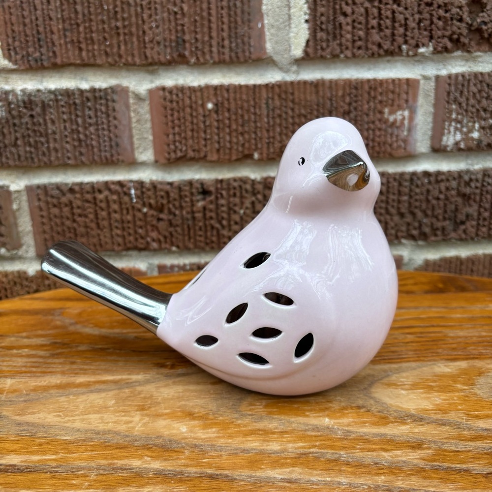 Ceramic Bird Potpourri Holder collectible Pink and Silver